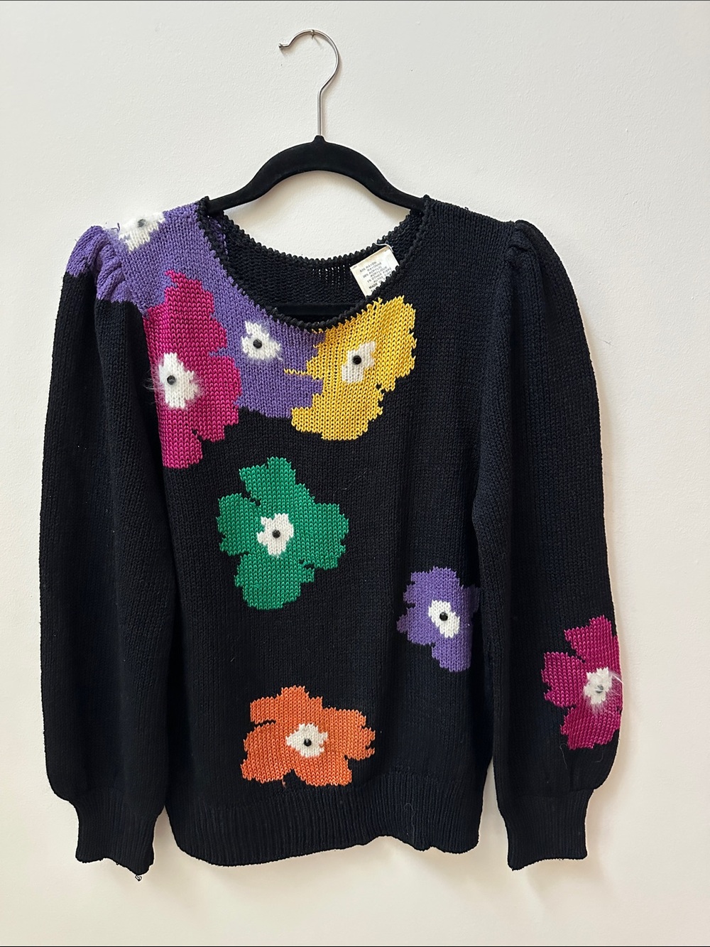 Black Floral Knit Sweater - Puff Sleeve Women’s Sweater